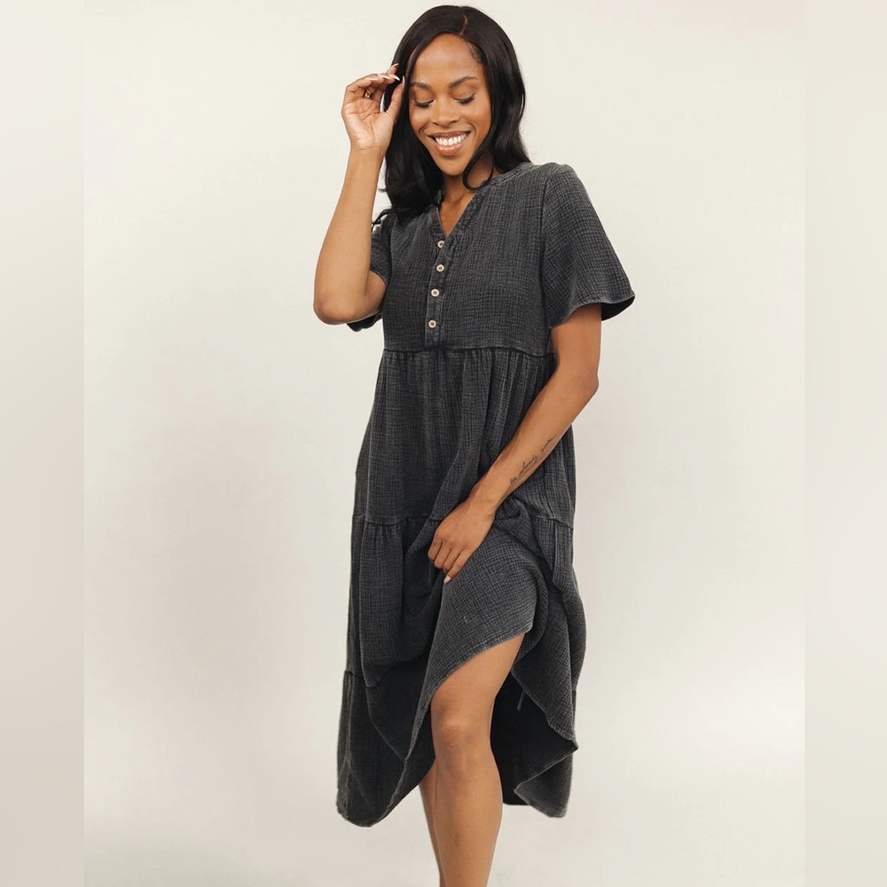 Henly Washed Black Cotton Gauze Maxi Dress